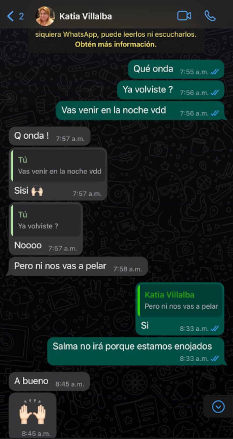 Evidencia de la conversación entre su pareja y la 'mujer mayor'. Imagen: captura de pantalla de la cuenta de Facebook de Salma Ayala